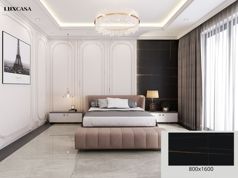 gạch ốp tường giả đá màu đen phòng ngủ