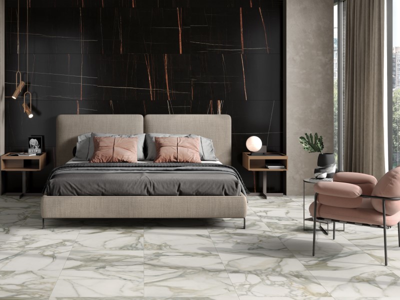 Mẫu gạch giả đá màu đen sẽ tạo nên vẻ đẹp tối giản nhưng sang trọng cho phòng ngủ của bạn