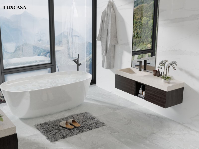 Phối gạch tường màu trắng và gạch nền màu xanh