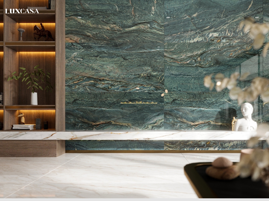 Mẫu gạch ốp sảnh khách sạn, nhà hàng màu xanh ngọc độc đáo giúp không gian cảm giác mát mẻ và trong sáng
