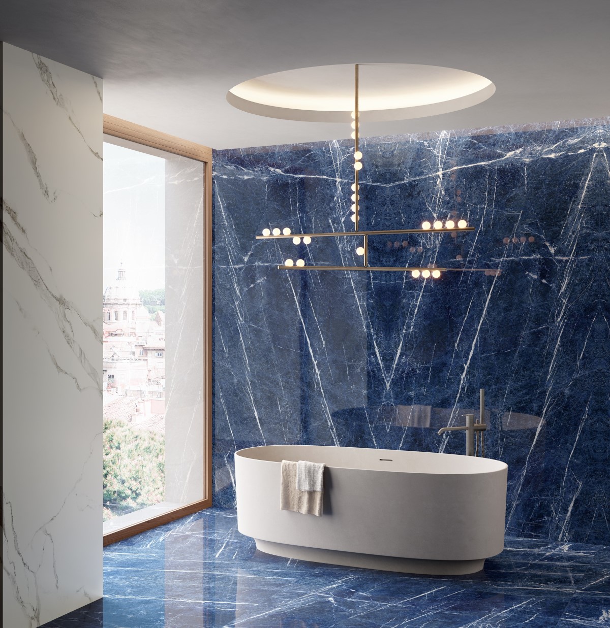 Gạch khổ lớn màu xanh dương với vân trắng là sự lựa chọn hoàn hảo để ốp lát nhà tắm cao cấp, tạo nên không gian tươi mát và sang trọng