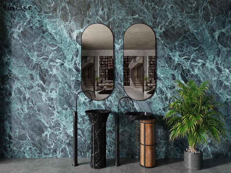 Sự kết hợp hoàn hảo của gạch tường màu xanh và thiết bị vệ sinh màu đen, một cách phối màu tinh tế để tạo ra vẻ đẹp mạnh mẽ và cao cấp. Màu xanh tươi mát và màu đen cứng cáp được kết hợp tạo ra một cảm giác độc đáo và hiện đại cho nhà tắm