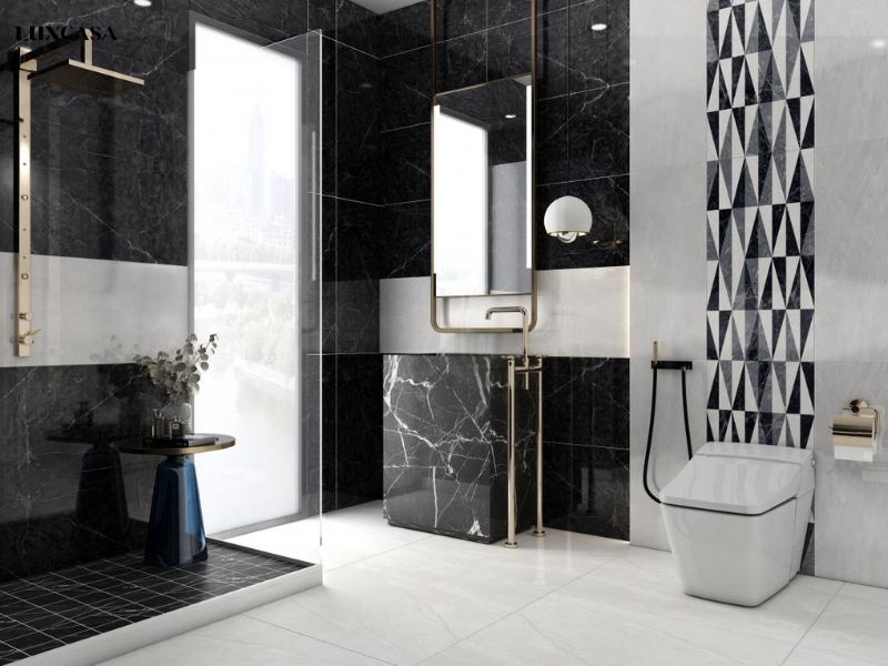 Gạch ốp nhà tắm, vệ sinh 40x80cm với tông màu đối lập trắng và đen