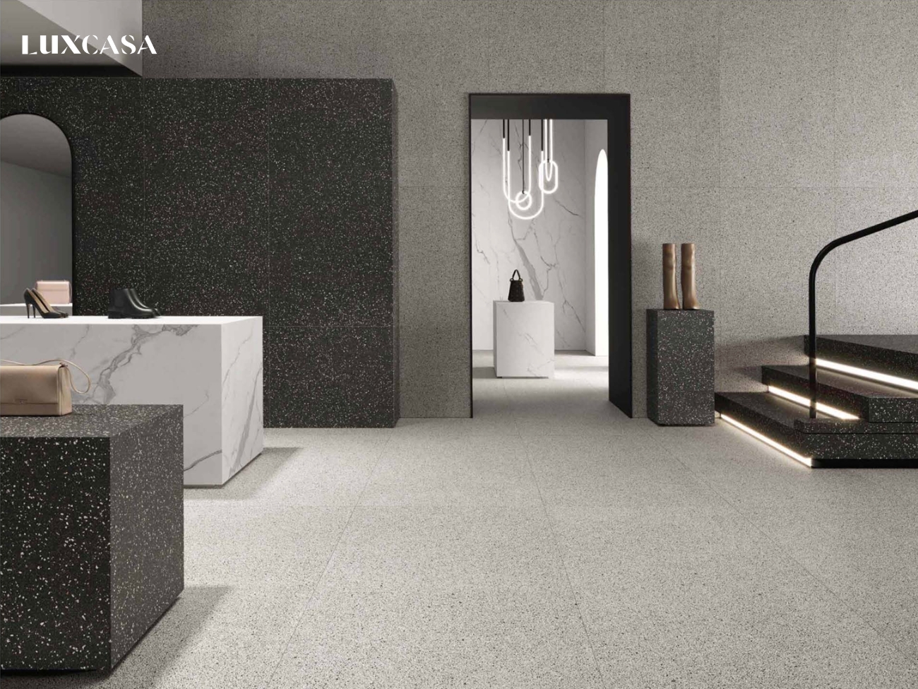 Phối màu gạch ốp tường và lát nền theo tông màu Terrazzo đối lập siêu chất