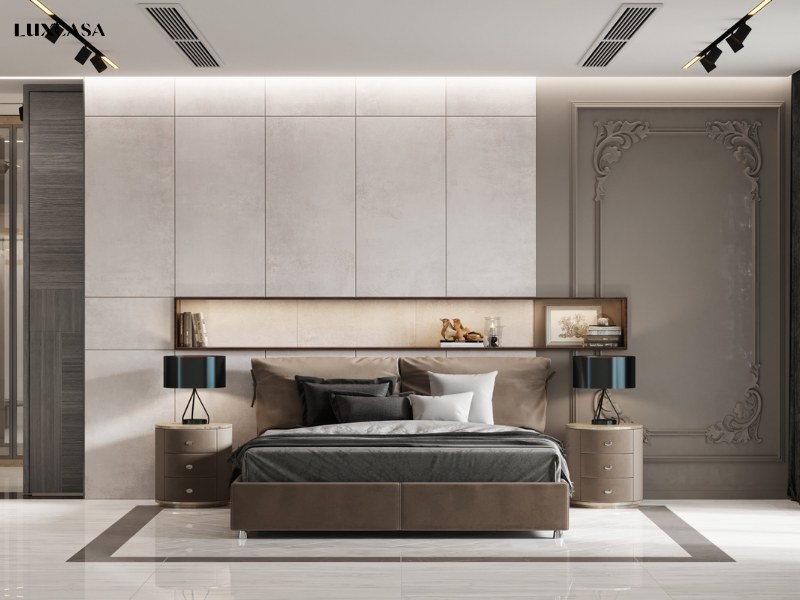 Mẫu gạch ốp tường phòng ngủ màu trắng sáng giúp không gian của bạn rộng rãi hơn và cao cấp hơn, mã gạch là LUDOLOMITE SNOW GRANDE