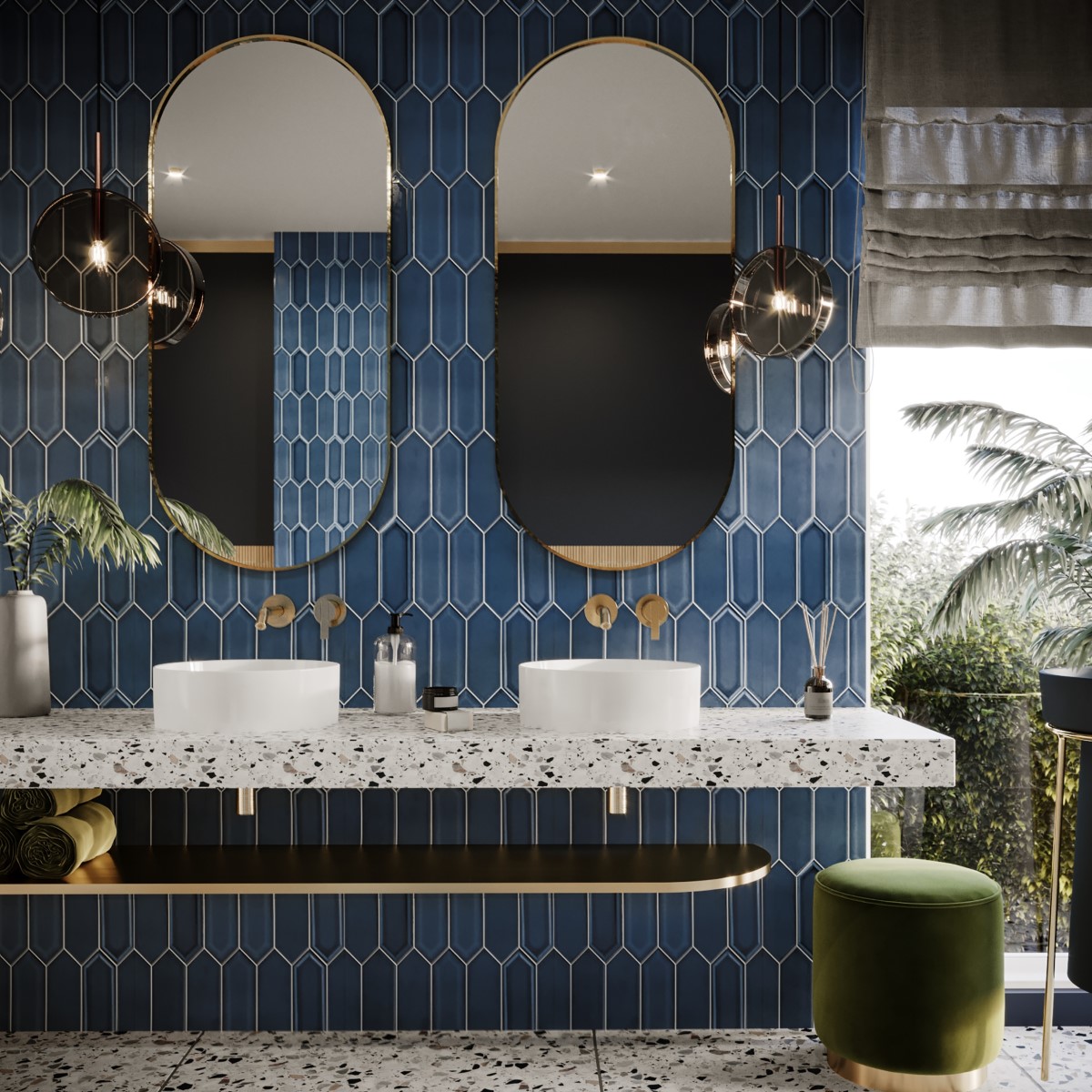 Một lớp gạch thẻ màu xanh dương làm nền tảng cho phòng tắm thêm phong cách và hiện đại