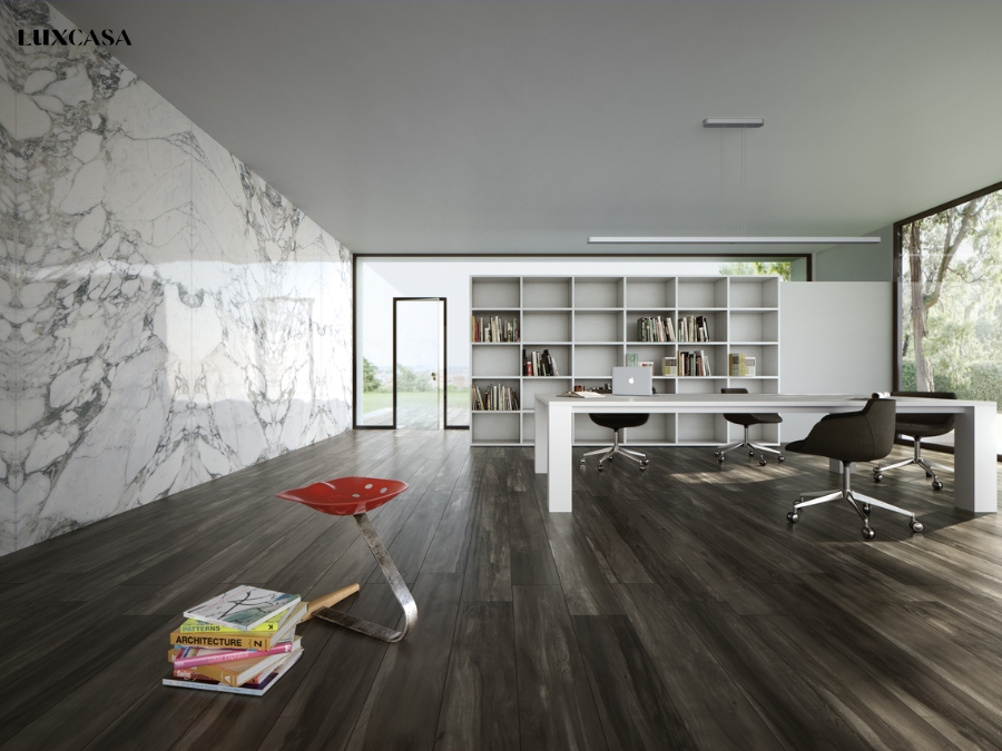 Phối kết hợp gạch ốp tường trắng vân mây với gạch nền vân gỗ màu xám