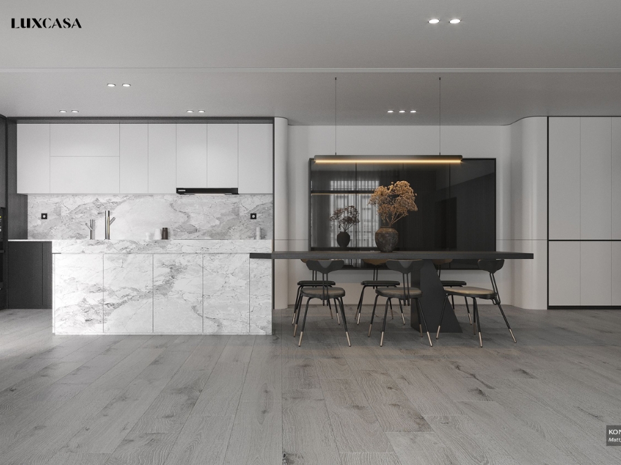 Gạch trăng vân mây phối cùng gạch giả gỗ đem lại một cái nhìn tự nhiên và mộc mạc