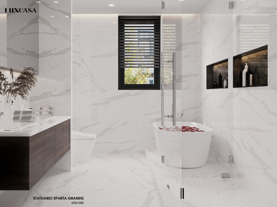 Gạch trắng vân mây ốp lát nhà vệ sinh tạo ra một không gian sang trọng và cao cấp