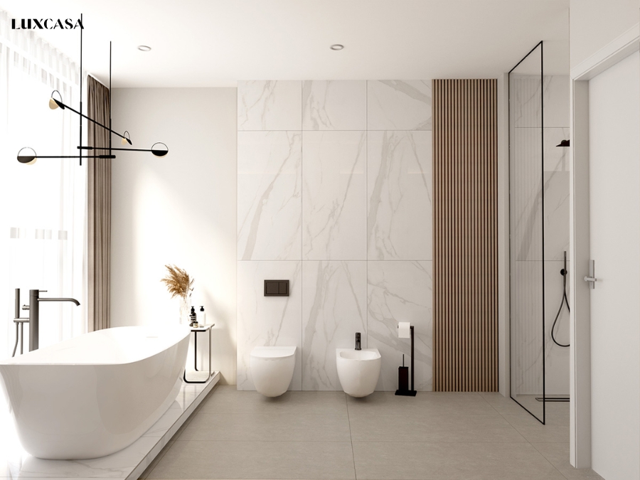 Gạch trắng vân mây ốp tường nhà tắm hiện đại và cao cấp