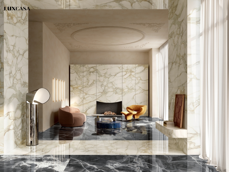 Phòng khách ốp gạch trắng vân mây giúp căn phòng trở nên đẳng cấp và quý phái