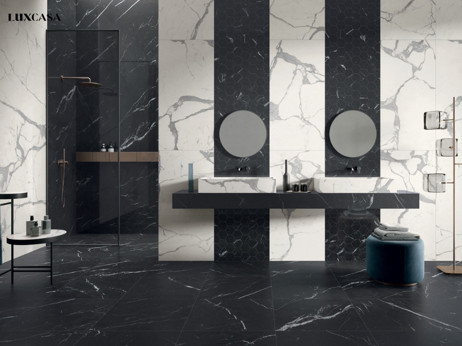 Phối gạch trắng vân mây theo kiểu đối nghịch trắng đen