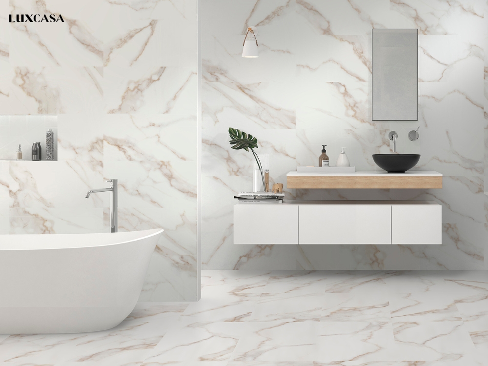 Mẫu gạch ốp tường trắng vân mây màu vàng cao cấp ốp lát nhà tắm