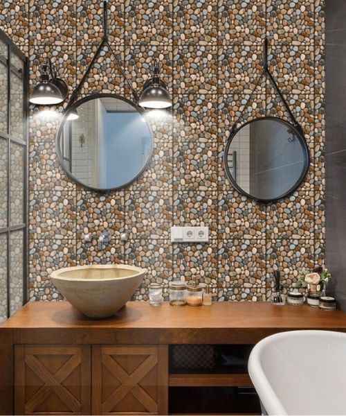 Gạch sỏi ốp tường nhà tắm tạo sự nổi bật cho không gian