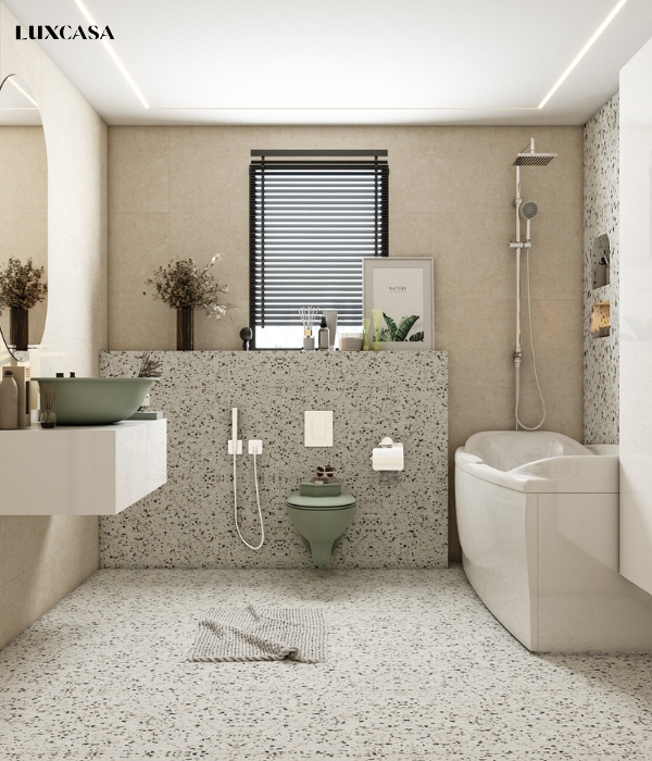 Phối gạch terrazzo với gạch tường hiệu ứng xi măng tạo ra sự kết hợp độc đáo giữa vẻ đẹp cổ điển và hiện đại trong thiết kế nội thất.