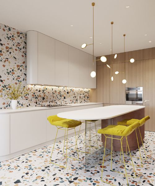 Mẫu gạch terrazzo giả đá lát nền, ốp tường bếp thể hiện được gu thẩm mỹ riêng của bạn