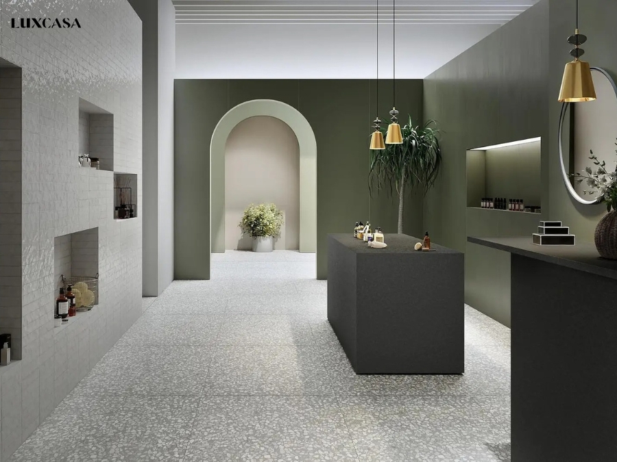 Dòng gạch đá terrazzo rất bền chắc, rất phù hợp lát nền ở nơi có nhiều người đi lại như khu vực bàn quầy
