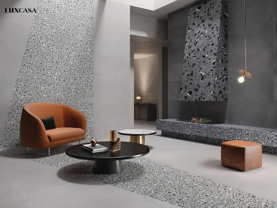 Vẻ đẹp mang phong cách hiện đại của căn phòng được nhấn bằng các hạt đá terrazzo nghệ thuật