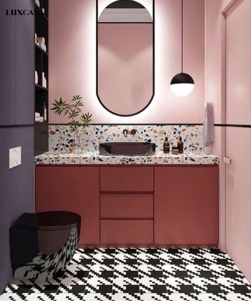 Kết hợp gạch terrazzo ốp tường trang trí với gạch nền trắng đen