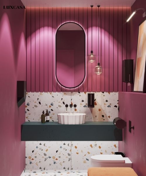 Gạch terrazzo ốp nhà vệ sinh với bề mặt gạch có các viên đá lớn