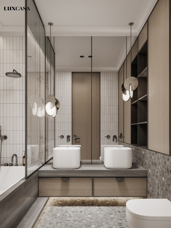 Nhà tắm hiện đại, sang trọng khi sử dụng gạch thẻ ốp tường và gỗ kết hợp với nhau