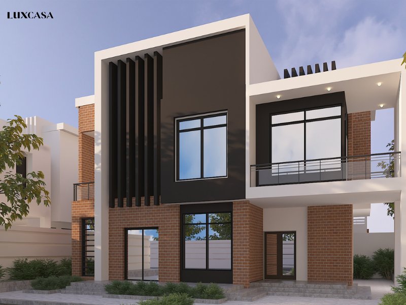 Mẫu gạch thẻ trang trí mặt tiền màu đỏ cổ điển được nổi bật lên bởi sơn tường trắng