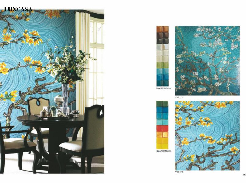 Gạch hoa mai vàng ốp tường phòng khách 3d trên nền trời màu xanh