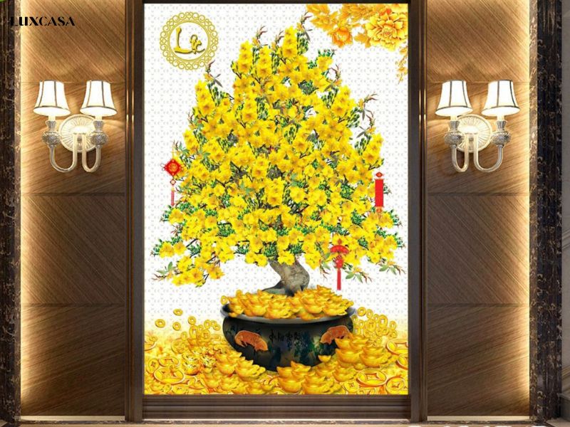 Mẫu gạch hoa mai màu vàng ốp tường phòng khách 3d