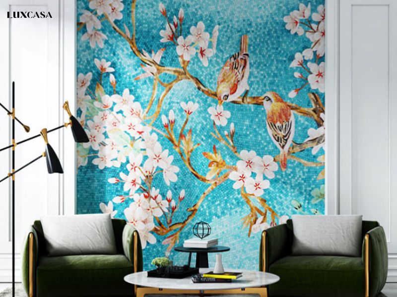 Gạch tranh mosaic ốp phòng khách dạng hoa mai trắng