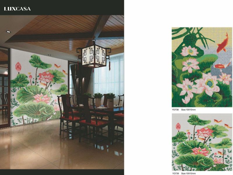 Mẫu gạch tranh hình hoa sen ốp trang trí một bức tường trung tâm của phòng khách