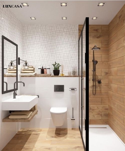 Cách kết hợp tường vân gỗ với gạch màu trắng đơn gian nhưng đầy sự tinh tế