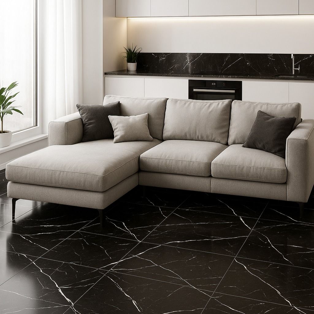 Gạch giả đá màu đen men matt lát phòng khách