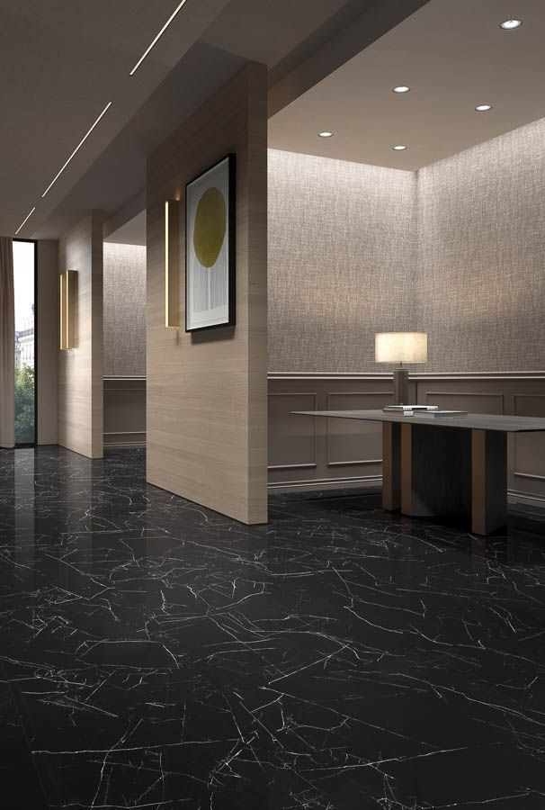 Gạch giả đá màu đen men matt lát sảnh lớn