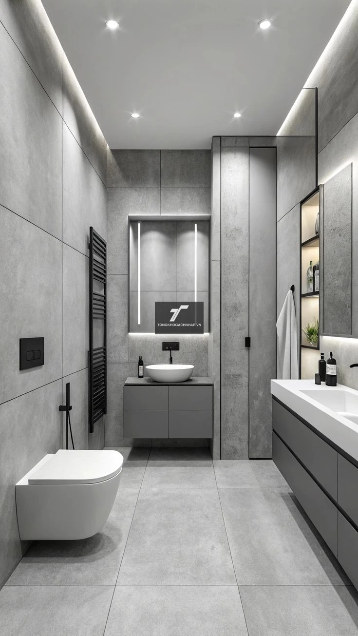 Gạch ốp nhà vệ sinh màu ghi kiểu vân xi măng