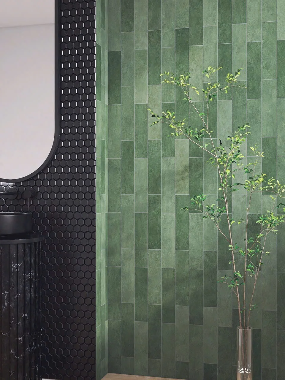 Gạch thẻ xanh ốp dọc cho nhà tắm hiện đại