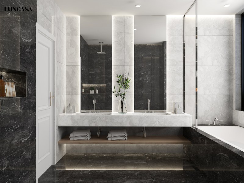 Phối gạch ốp trắng và đen cho nhà tắm master cao cấp, mã gạch là LUVENILA BIANCO GRANDE