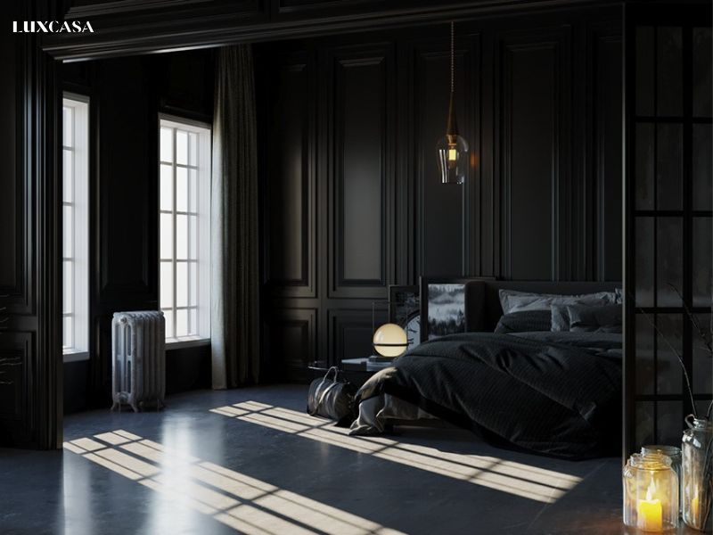 Phòng ngủ có sàn đen được lát bằng gạch giả đá kết hợp với đồ nội