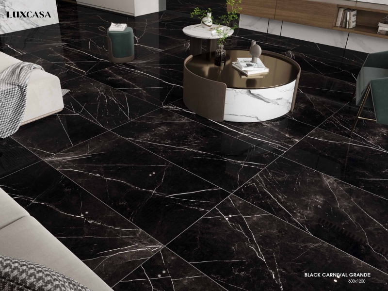 Xu hương dùng gạch khổ lớn lát phòng khach để giúp không gian liền mạch và cao cấp hơn