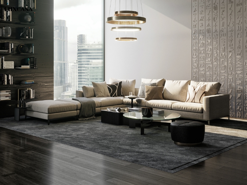 Gạch giả vân gỗ màu đen lát phòng khách đem lại một không gian cao cấp và ấn tượng