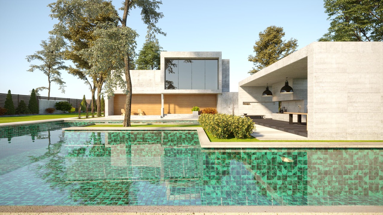 Hình phối cảnh gạch mosaic ốp tường Bể bơi