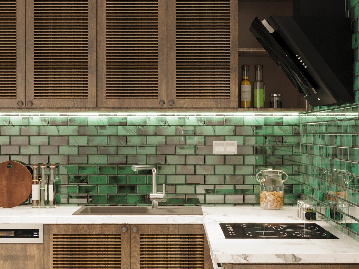 Hình phối cảnh gạch mosaic ốp tường Bếp