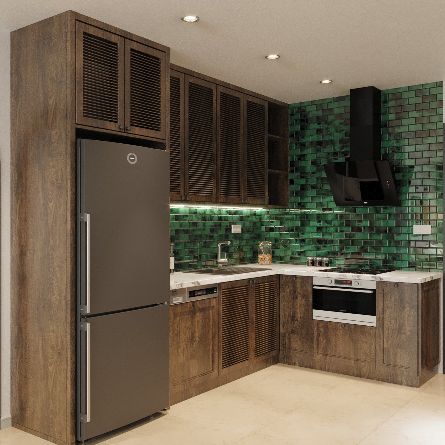 Hình phối cảnh gạch mosaic ốp tường bếp