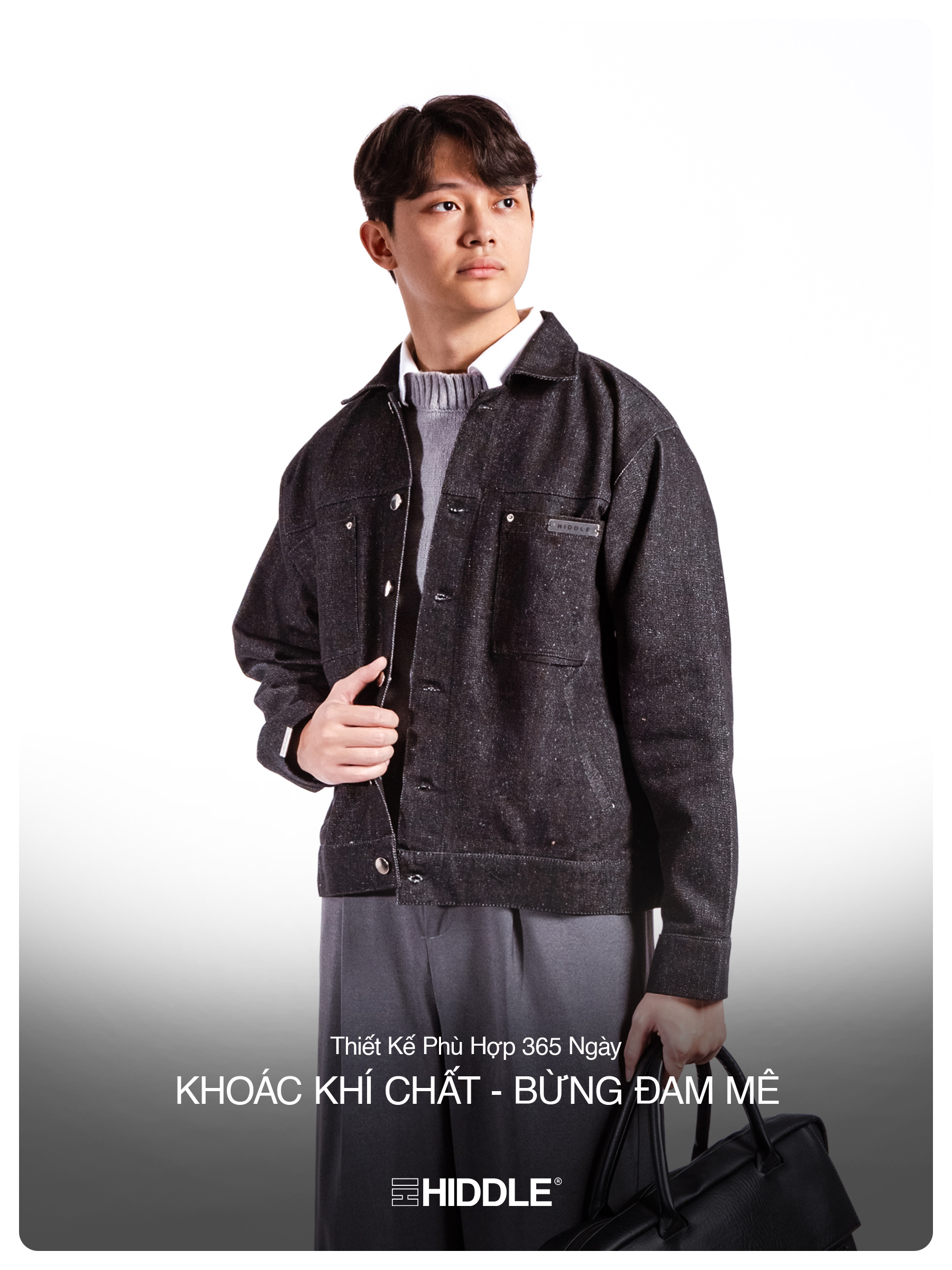 Áo khoác jean cổ bẻ nam tính bốn túi gài nút brand HIDDLE H-AK3