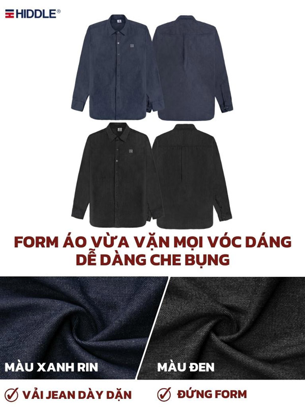 Áo sơ mi nam jean basic cao cấp chính hãng HIDDLE H10-S8