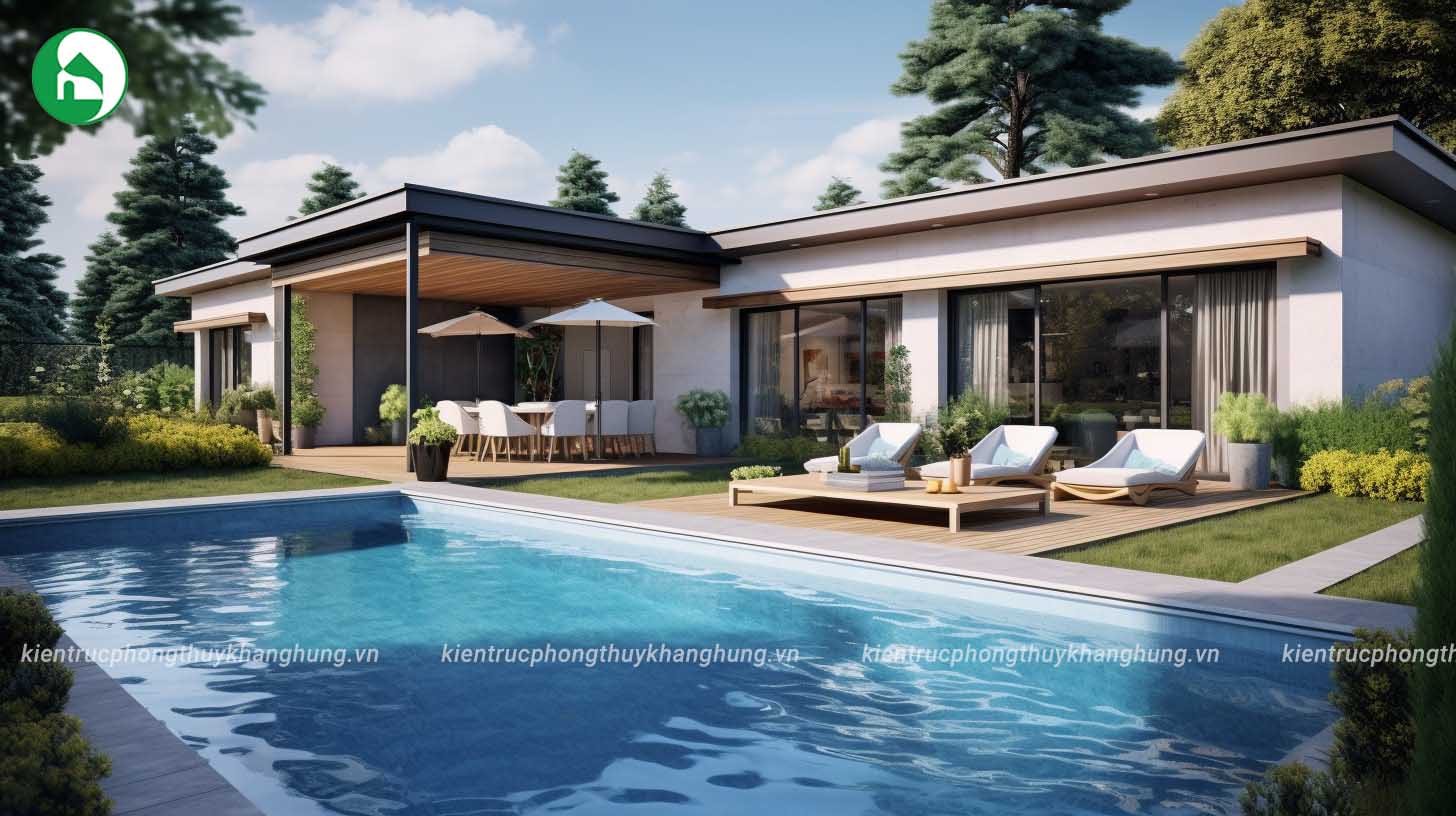 Villa 1 tầng với không gian mở rộng lớn, thiết kế tối giản với đường nét tinh tế.