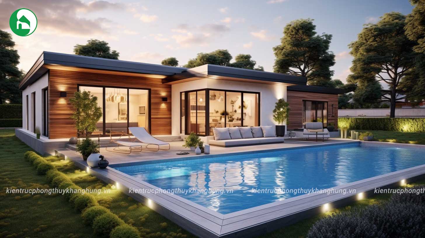 Thiết kế hiện đại với các khối vuông vắn, tạo nên vẻ đẹp độc đáo cho villa 1 tầng.