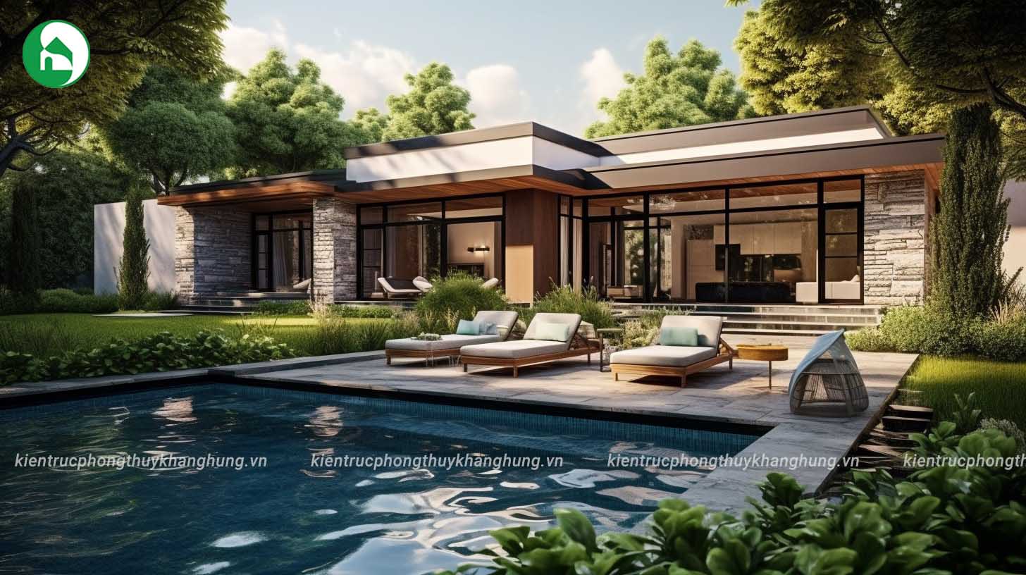 Các khối nhà vuông vức, kết hợp hài hòa trong mẫu villa 1 tầng hiện đại.