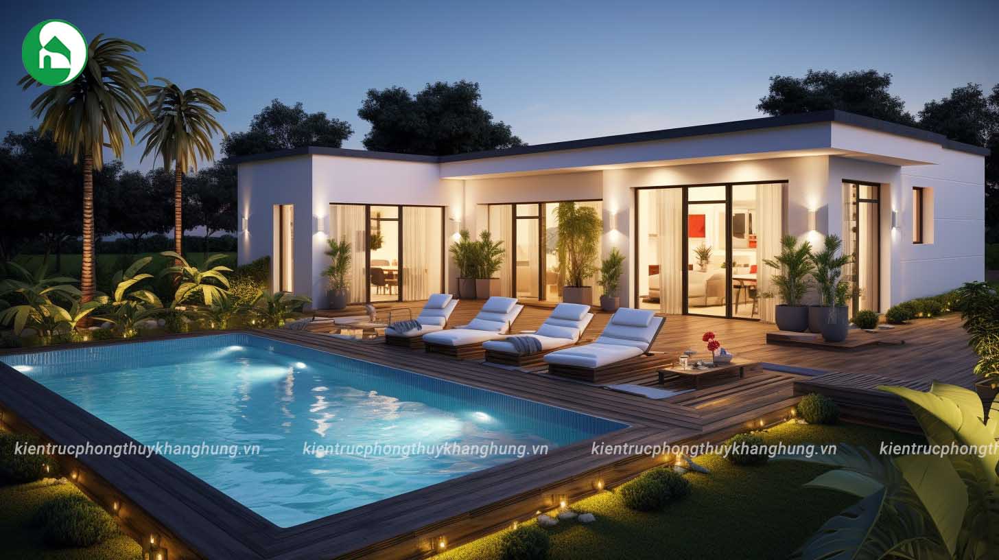 Thiết kế villa 1 tầng với tầm nhìn ra vườn, không gian thoáng đãng và trong lành.