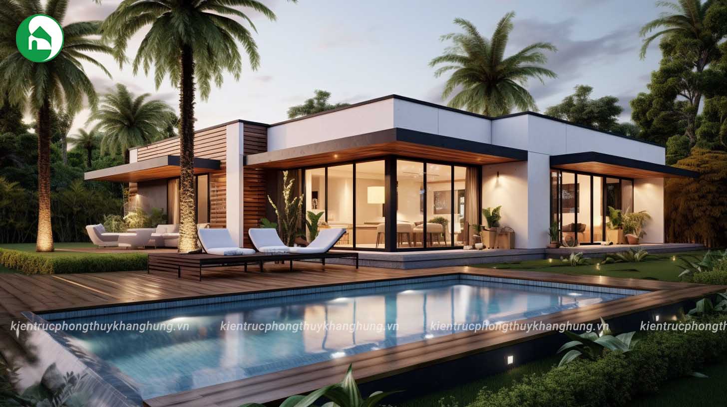 Không gian sống rộng rãi, thoáng đãng và kết nối với sân vườn trong mẫu villa 1 tầng.