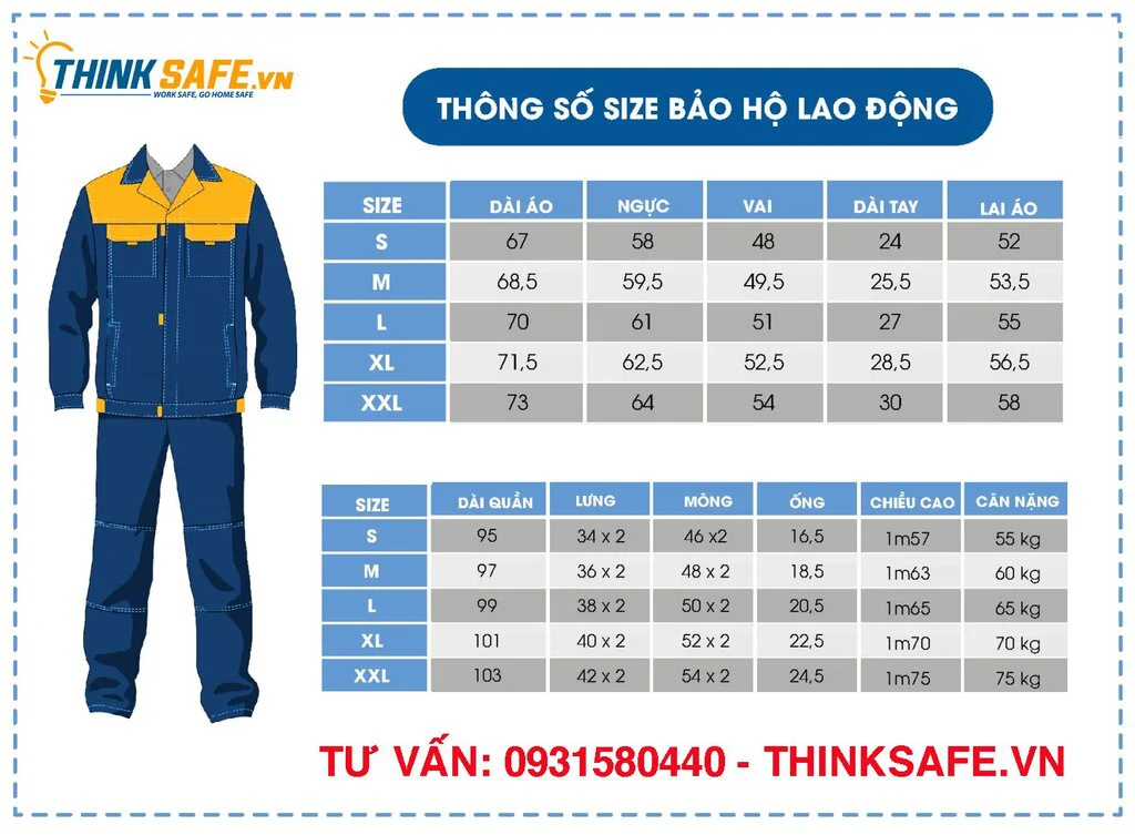 bảng size quần áo bảo hộ
